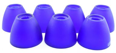MATCHING SET OF EIGHT INDUSTRIAL THICK BLUE GLASS SHADES