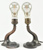 PAIR ITALIAN CIRCA 1930S COPPERED METAL SCROLLED BEDSIDE DESK LAMPS