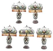 TIFFANY STYLE - FIVE VINTAGE LEADED DESK / BEDSIDE LAMPS WITH BUTTERFLY DECORATION