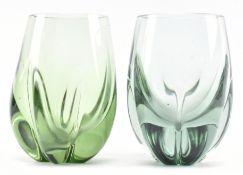 GEOFFREY BAXTER FOR WHITEFRIARS PAIR OF 'LOBED' GLASS VASES IN SEA GREEN COLOURWAY