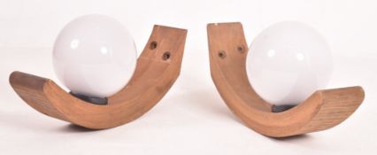 iGUZZINI - PAIR OF VINTAGE OPALINE GLASS & WOOD WALL LIGHTS