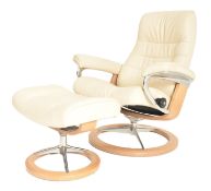 EKORNES - STRESSLESS - CREAM LEATHER ARMCHAIR AND FOOTREST
