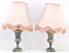 PAIR OF VINTAGE KITSCH ITALIAN MADE GREEN MARBLE & PINK TASSELLED SHADE LAMPS