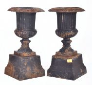 PAIR OF VINTAGE 20TH CENTURY BLACK PAINTED CAST IRON GARDEN URNS