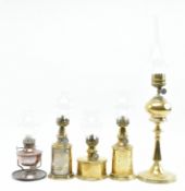 FIVE FRENCH 20TH CENTURY BRASS & GLASS DESK OIL LAMPS