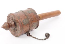 19TH CENTURY TIBETAN COPPER AND WOODEN PRAYER WHEEL