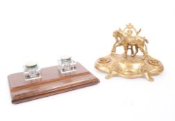VINTAGE DECORATIVE BRASS INKSTAND WITH EDWARDIAN OAK INKSTAND