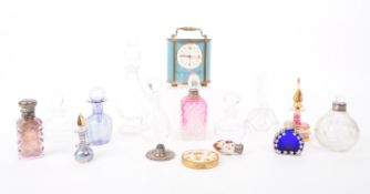COLLECTION OF 20TH CENTURY ASSORTED PERFUME BOTTLES AND CARRIAGE CLOCK