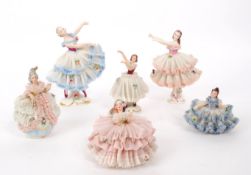 SIX VINTAGE 20TH CENTURY DRESDEN PORCELAIN DANCING LADIES FIGURINES