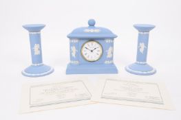 WEDGWOOD - LATE 20TH CENTURY MANTEL CLOCK AND CANDLESTICKS