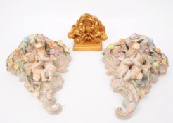 TWO 20TH CENTURY GERMAN PORCELAIN SCONCES WITH A PLASTER SCONCE
