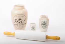 COLLECTION OF THREE 1940S CREAMWARE AND ROLLING PIN