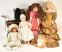 COLLECTION OF 20TH CENTURY PORCELAIN DOLLS AND PRAM