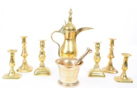 20TH CENTURY TURKISH BRASS DALLAH COFFEE POT, CANDLESTICKS AND PESTLE AND MORTAR