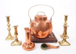 COLLECTION OF 20TH CENTURY BRASS CANDLESTICKS AND COPPER PIECES