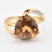 HALLMARKED 9CT GOLD COGNAC QUARTZ & DIAMOND RING