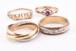 THREE 9CT GOLD & GEM SET RINGS & 14CT RUSSIAN WEDDING BAND