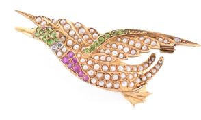 HALLMARKED 15CT GOLD DEMANTOID GARNET & RUBY & DIAMOND & PEARL DUCK BROOCH PIN