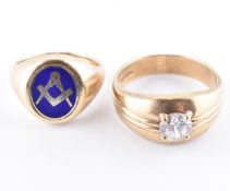 TWO 9CT GOLD RINGS MASONIC FLIP RING & SINGLE STONE