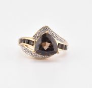 HALLMARKED 9CT GOLD SMOKY QUARTZ & DIAMOND RING