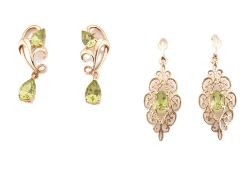 TWO PAIRS OF HALLMARKED 9CT GOLD & PERIDOT PENDANT EARRINGS