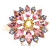 HALLMARKED 9CT GOLD SAPPHIRE & TOURMALINE FLOWER CLUSTER RING