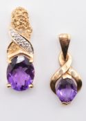 TWO HALLMARKED 9CT GOLD AMETHYST & GEM SET NECKLACE PENDANTS