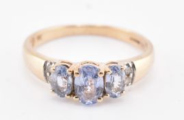 HALLMARKED 9CT GOLD SAPPHIRE & DIAMOND THREE STONE RING