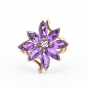 HALLMARKED 9CT GOLD AMETHYST & DIAMOND FLOWER CLUSTER RING