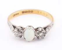 HALLMARKED 18CT GOLD OPAL & DIAMOND THREE STONE RING