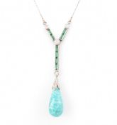 ART DECO AMAZONITE & DIAMOND & PASTE PENDANT NECKLACE
