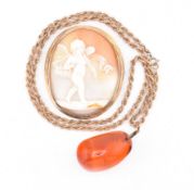 CAMEO BROOCH PIN & AMBER PENDANT NECKLACE