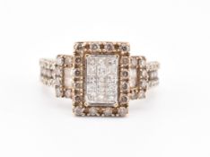 HALLMARKED 9CT GOLD WHITE & CHAMPAGNE CLUSTER RING