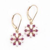 PAIR OF RUBY & OPAL CLUSTER PENDANT EARRINGS
