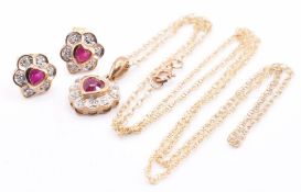 9CT GOLD RUBY & DIAMOND PENDANT NECKLACE & EARRING SET