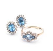 A 9CT GOLD TOPAZ & DIAMOND CLUSTER RING & EARRINGS