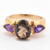 HALLMARKED 9CT GOLD SMOKY QUARTZ & AMETHYST THREE STONE RING