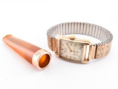 HALLMARKED 9CT GOLD ROTARY WRISTWATCH & CASED GOLD MOUNTED CHEROOT HOLDER