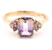 HALLMARKED 9CT GOLD AMETRINE & AMETHYST & DIAMOND RING