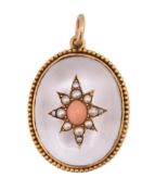 VICTORIAN GOLD ROCK CRYSTAL PEARL & CORAL NECKLACE PENDANT