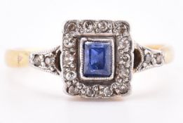 18CT GOLD & PLATINUM DIAMOND & SAPPHIRE ART DECO RING