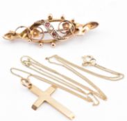 9CT GOLD GARNET & PEARL BROOCH PIN & HALLMARKED 9CT GOLD CROSS PENDANT NECKLACE