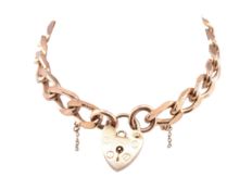 HALLMARKED 9CT GOLD CURB LINK CHAIN BRACELET WITH HEART PADLOCK CLASP AF