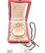 YELLOW METAL WALTHAM FULL HUNTER POCKET WATCH & HALLMARKED SILVER ALBERT CHAIN