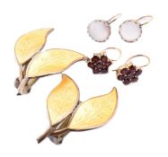 DAVID ANDERSON SILVER & ENAMEL EARRINGS & TWO PAIRS OF YELLOW METAL & GEM SET EARRINGS