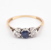 18CT GOLD & PLATINUM SAPPHIRE & DIAMOND THREE STONE RING