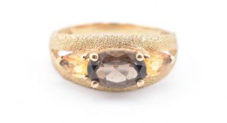 HALLMARKED 9CT GOLD SMOKY QUARTZ & CITRINE STARDUST RING