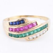 9CT GOLD DIAMOND & RUBY & EMERALD & SAPPHIRE RING