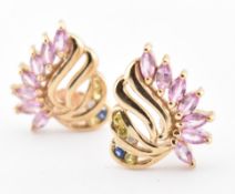 HALLMARKED 9CT GOLD PINK & BLUE SAPPHIRE & WHITE TOPAZ STUD EARRINGS