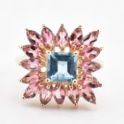 HALLMARKED 9CT GOLD BLUE TOPAZ & PINK TOURMALINE CLUSTER RING